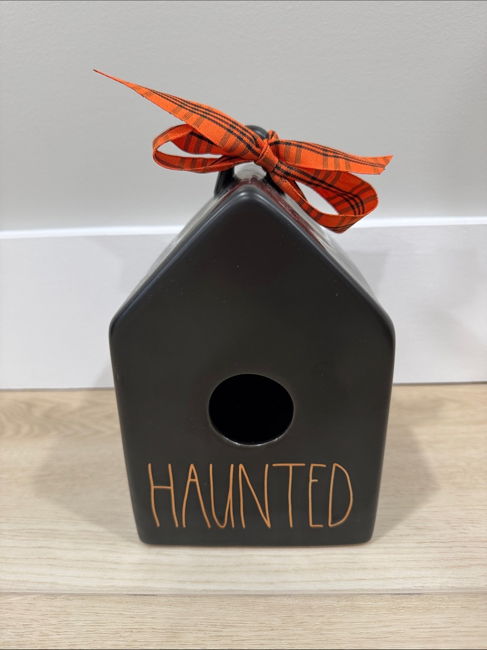 Rae Dunn Black Ceramic 'Haunted' Bird House with Orange Plaid Bow